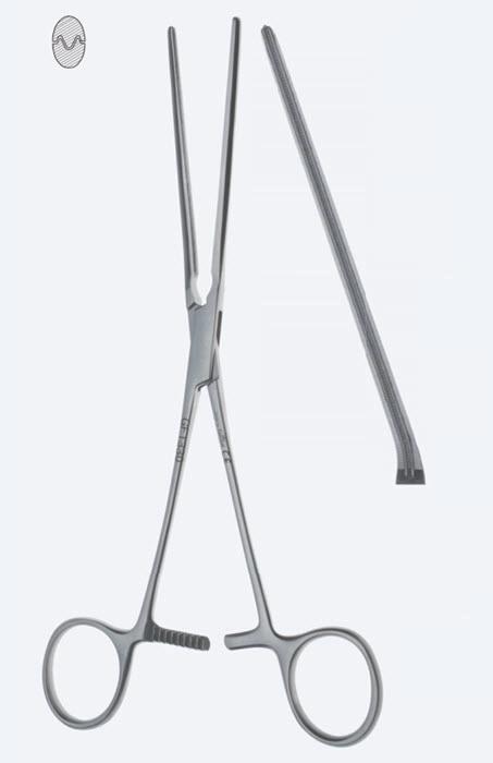 Зажими судинні Leland-Jones, атравматичні, зубці De Bakey, вигнуті на 15°, з кремальєрою, загальна довжина 190 мм. Бренд - Asanus Medizintechnik Gmb, Німеччина